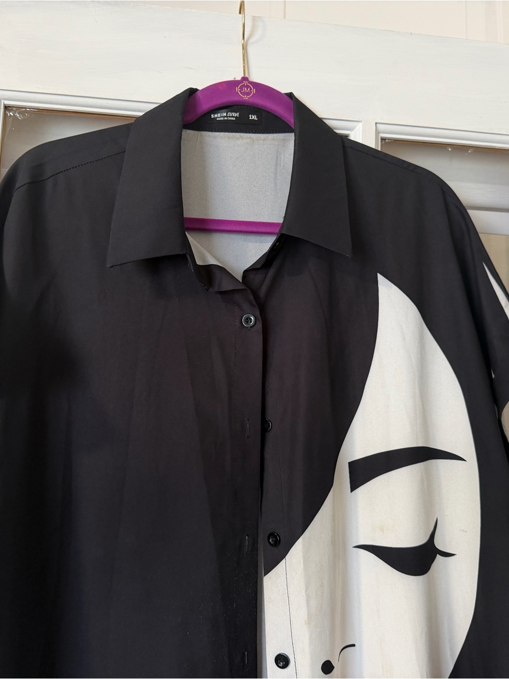 Graphic Black and White Button-Up Shirt with Face Print